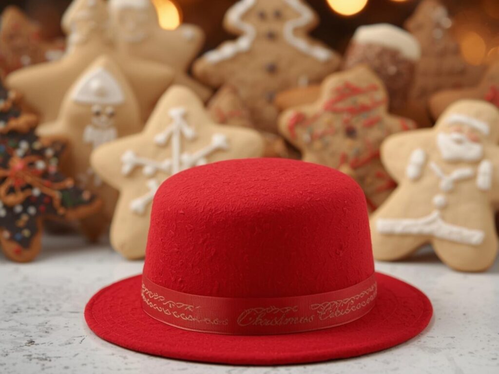 クッキーが並んだ背景の前に赤い帽子が置いてある写真