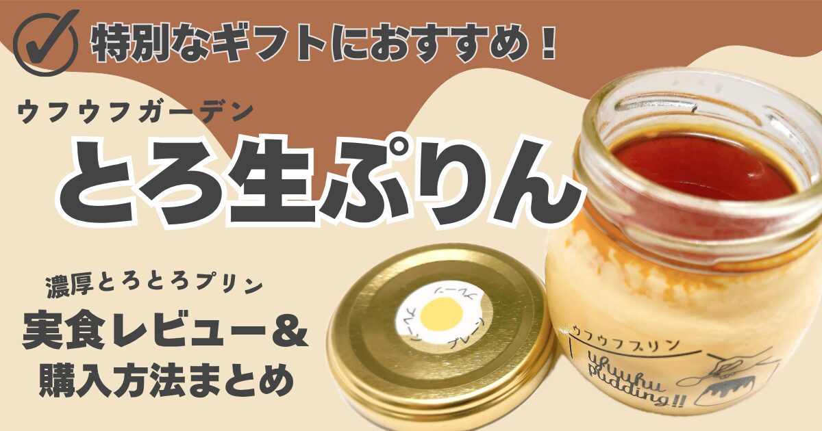 プリンの写真と商品名、「実食レビューと購入方法まとめ」と書かれたアイキャッチ画像